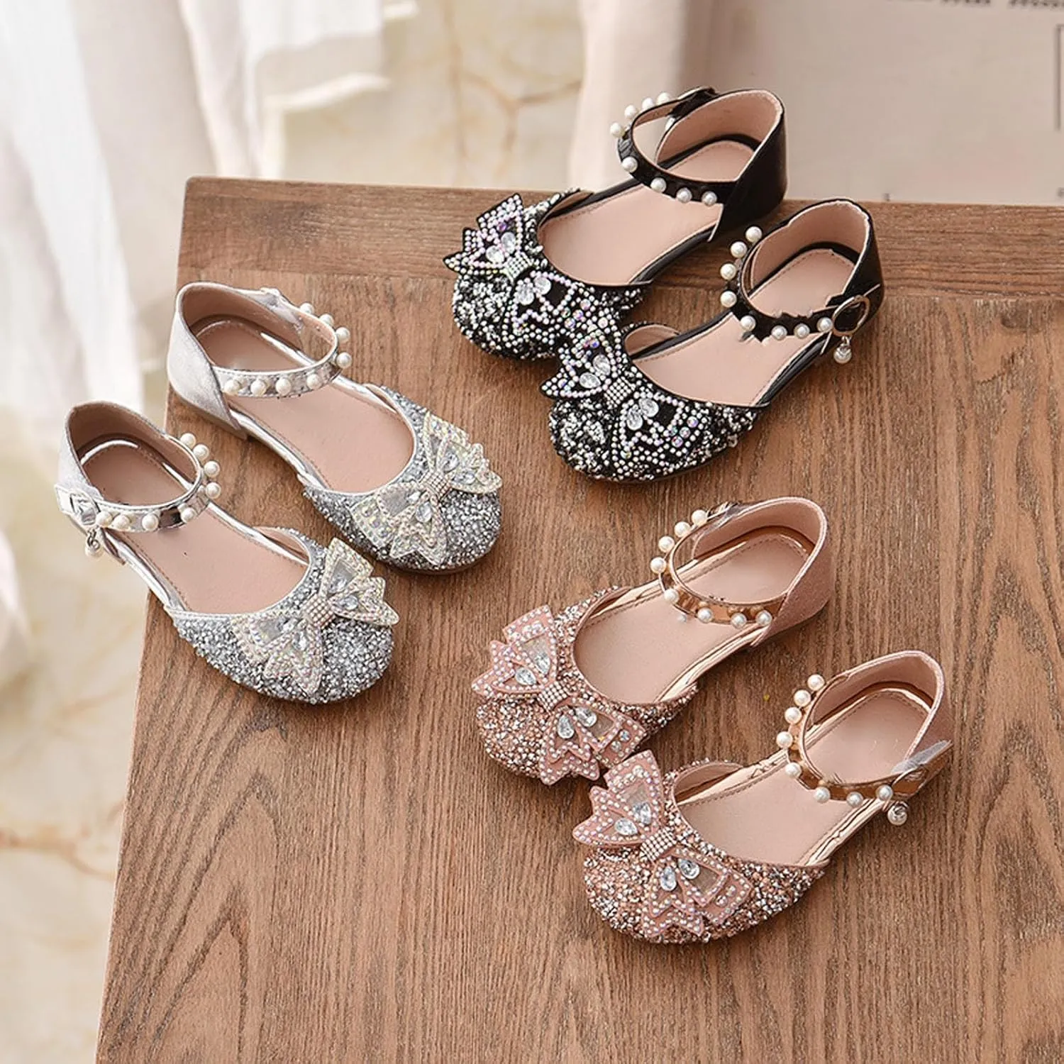 Kids Girls Mary Jane Ballerina Shoes 𝗥hinestones Bowknot Flower Girls Wedding Par𝘁y Pearl Strap Dress Shoes