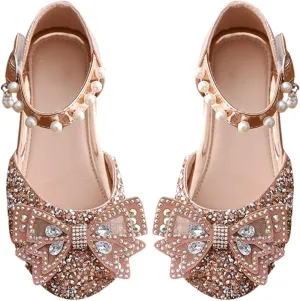 Kids Girls Mary Jane Ballerina Shoes 𝗥hinestones Bowknot Flower Girls Wedding Par𝘁y Pearl Strap Dress Shoes