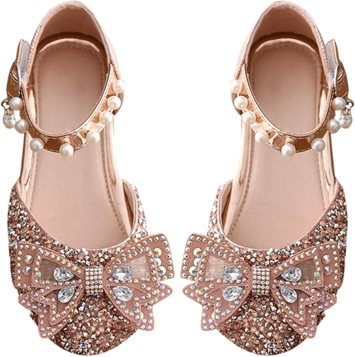 Kids Girls Mary Jane Ballerina Shoes 𝗥hinestones Bowknot Flower Girls Wedding Par𝘁y Pearl Strap Dress Shoes