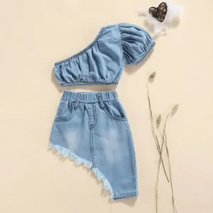 Kids Girls One Shoulder Denim Tops and Irregular Hem Skirt Set