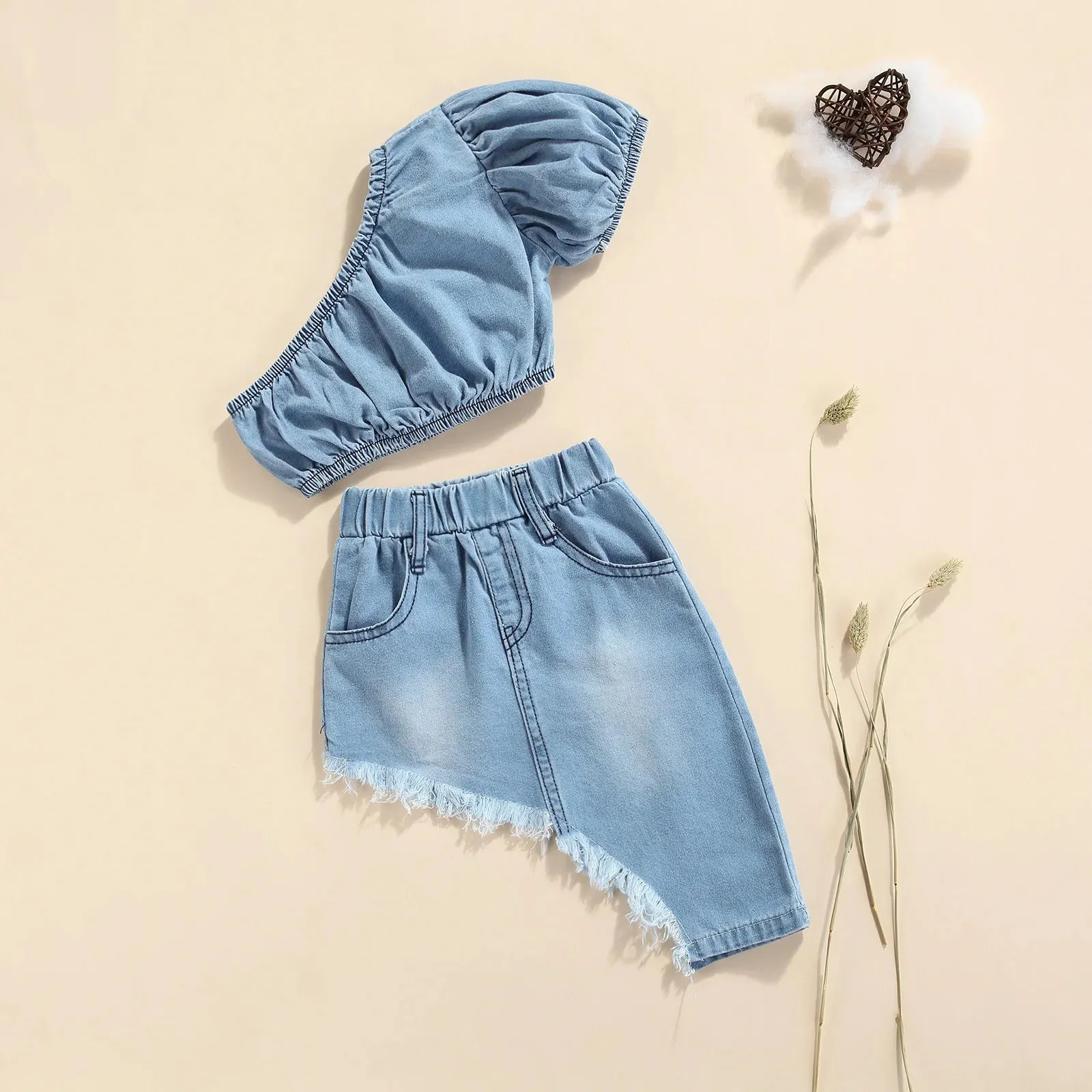 Kids Girls One Shoulder Denim Tops and Irregular Hem Skirt Set