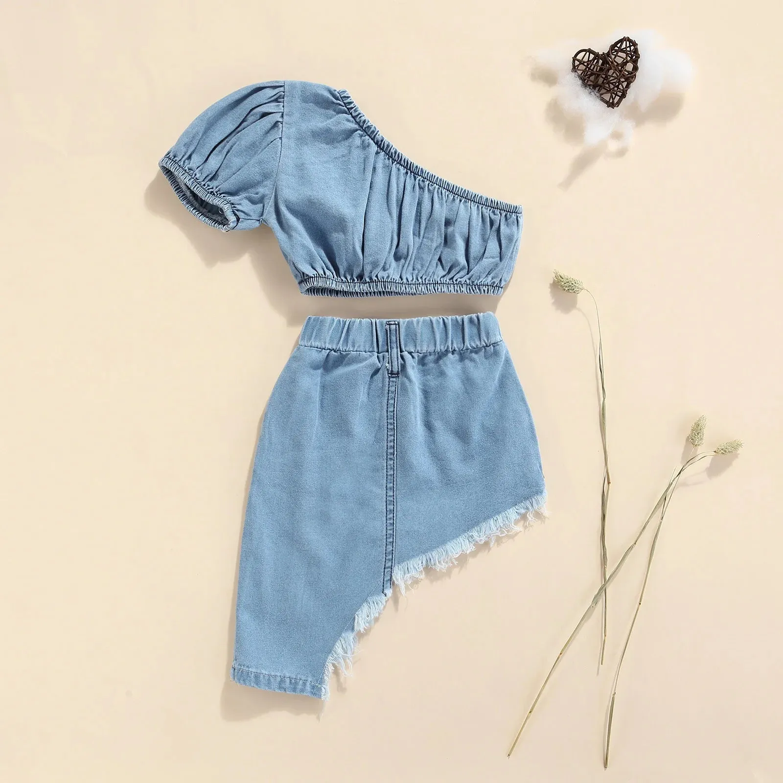 Kids Girls One Shoulder Denim Tops and Irregular Hem Skirt Set