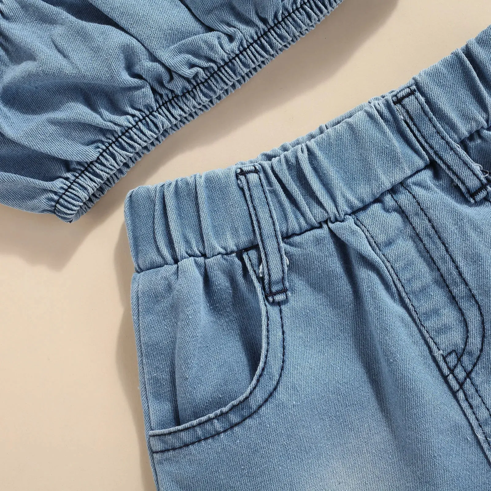 Kids Girls One Shoulder Denim Tops and Irregular Hem Skirt Set
