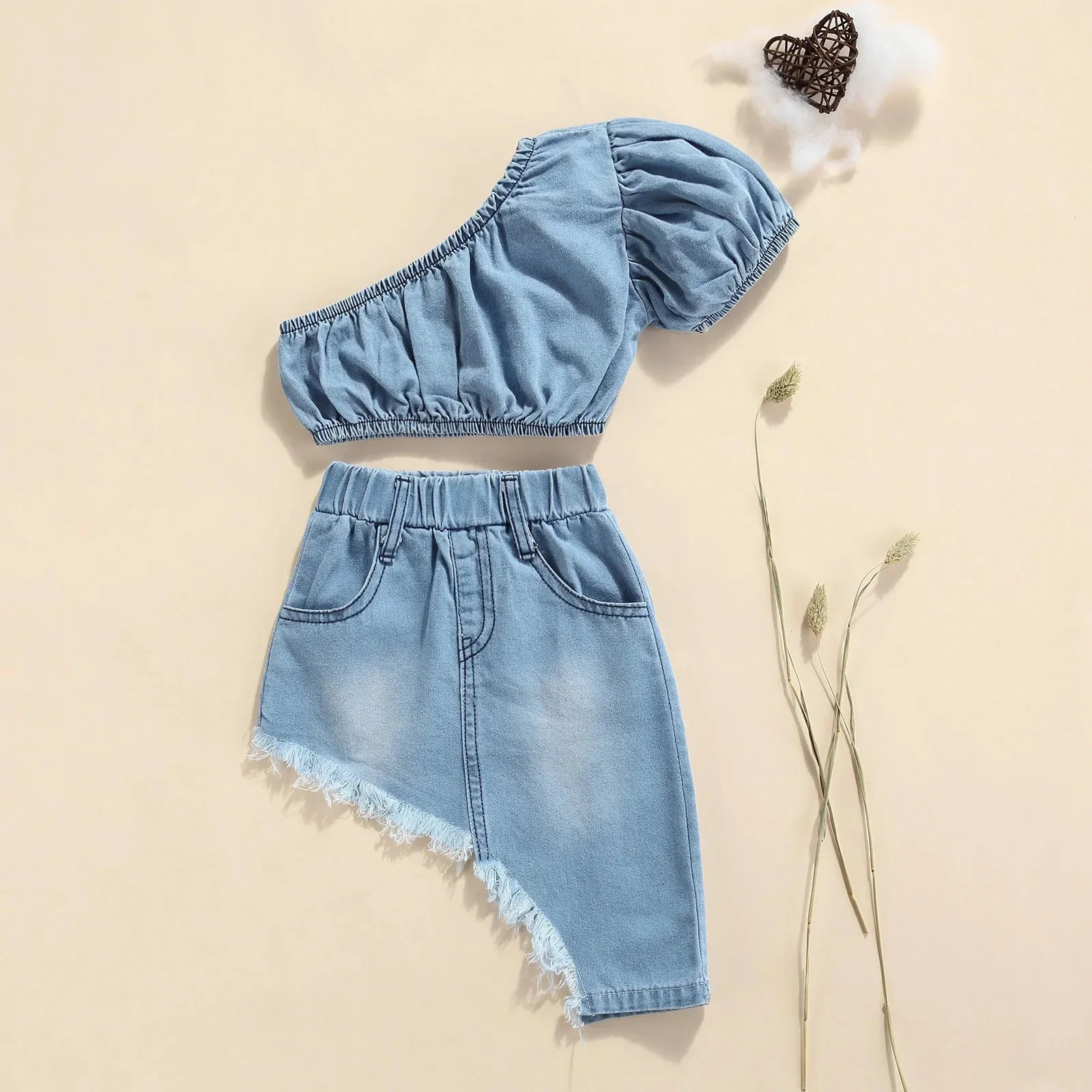 Kids Girls One Shoulder Denim Tops and Irregular Hem Skirt Set