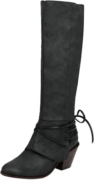 Knee High Boots for Women Vintage Lace Up Chunky Heel Long Boots Winter Warm Mid Heel Leather Riding Boots