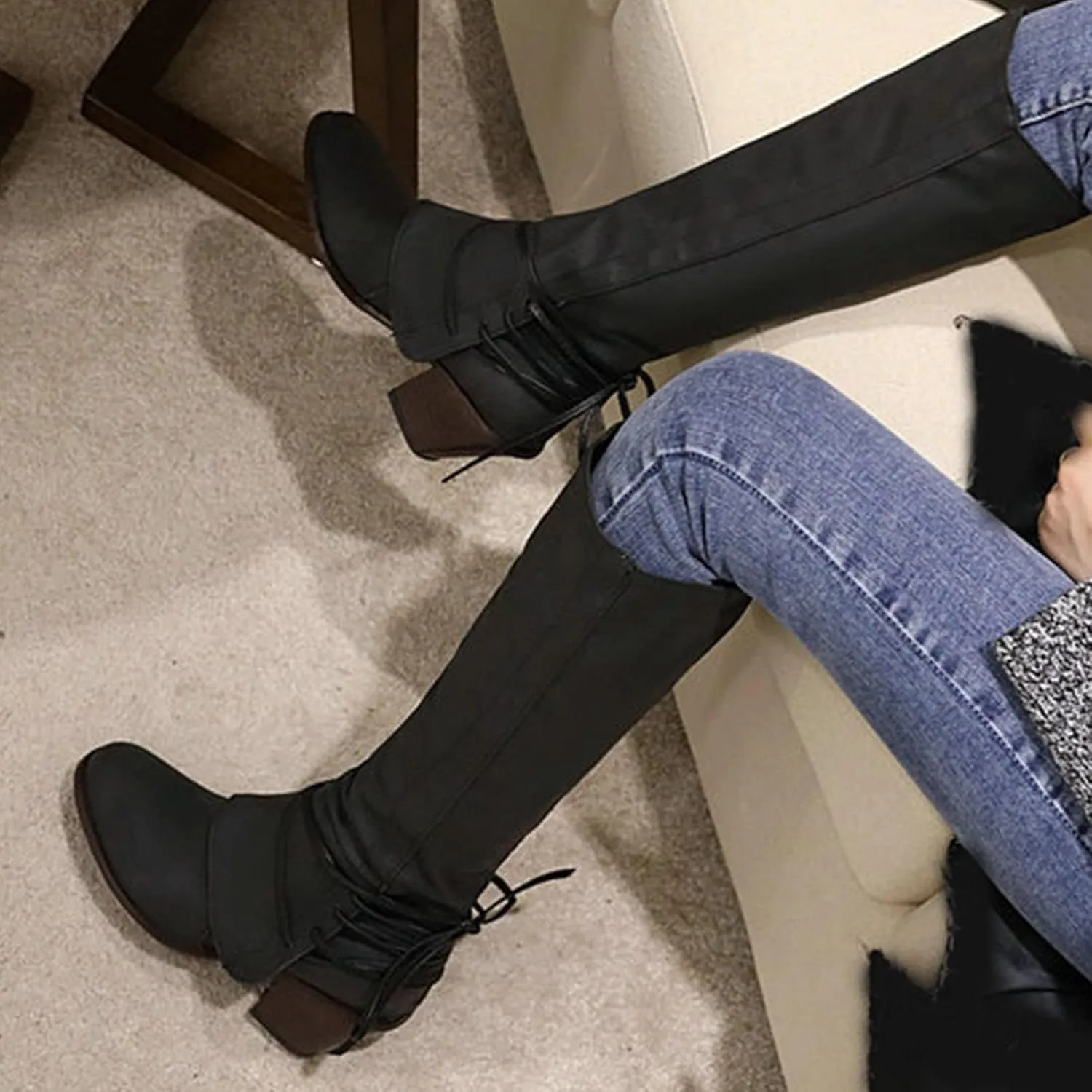 Knee High Boots for Women Vintage Lace Up Chunky Heel Long Boots Winter Warm Mid Heel Leather Riding Boots