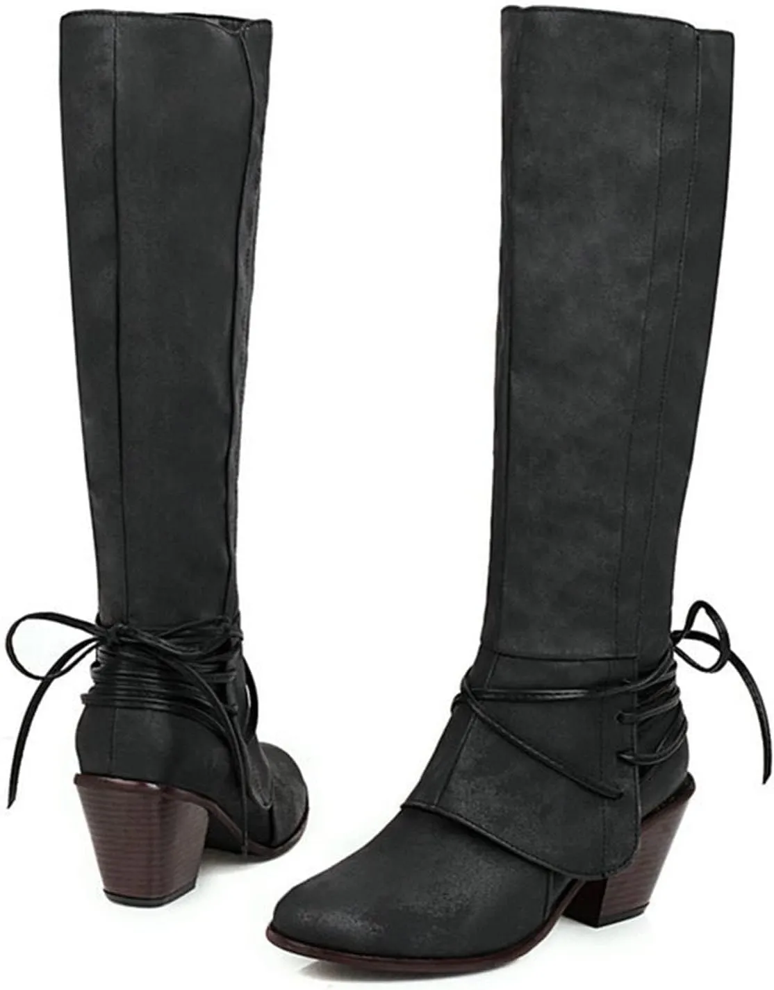 Knee High Boots for Women Vintage Lace Up Chunky Heel Long Boots Winter Warm Mid Heel Leather Riding Boots