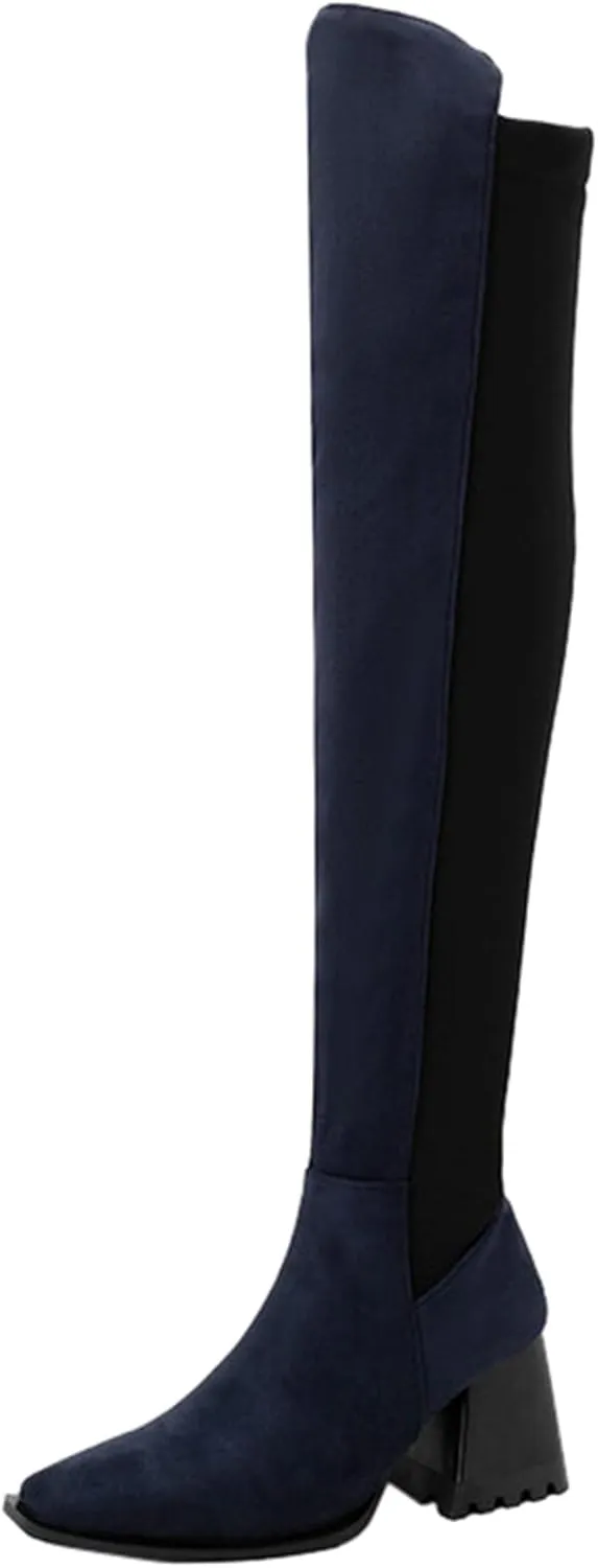 Knee High Boots Women Low Heel Winter Fashion Color Blocking Comfortable Square Toe Chunky Heel Square Heel Knee Boot