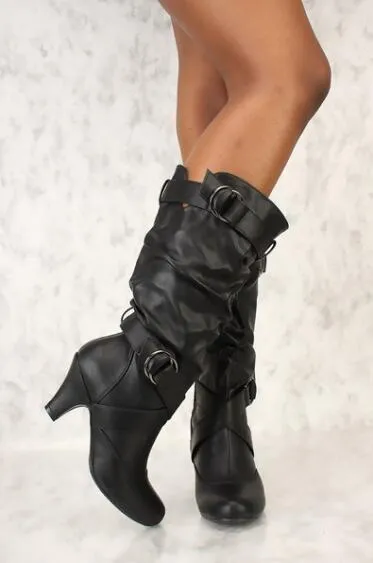 Knee high sexy slouch boots with buckles