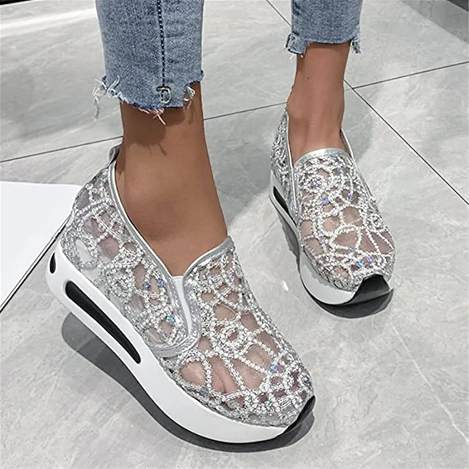 Ladmiple Sneakers For Women Walking Shoes Wide Width Slip On Sparkly Glitter Shoes Fashion Dressy Summer Flats Loafers