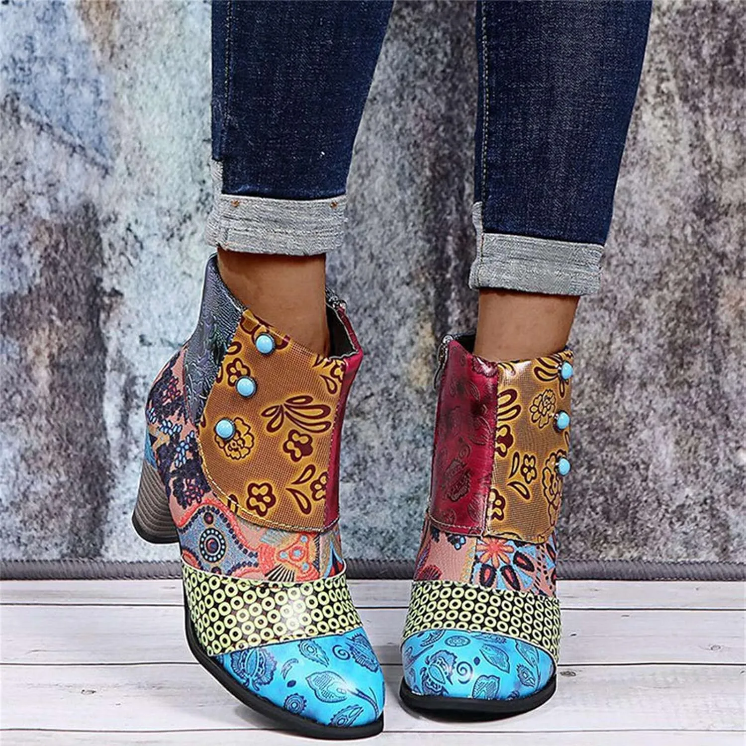 Lausiuoe Ankle Boots For Women Dressy Chunky Heel Slip on Bootie Fashion Wide Width Side Zipper Western Short Boots