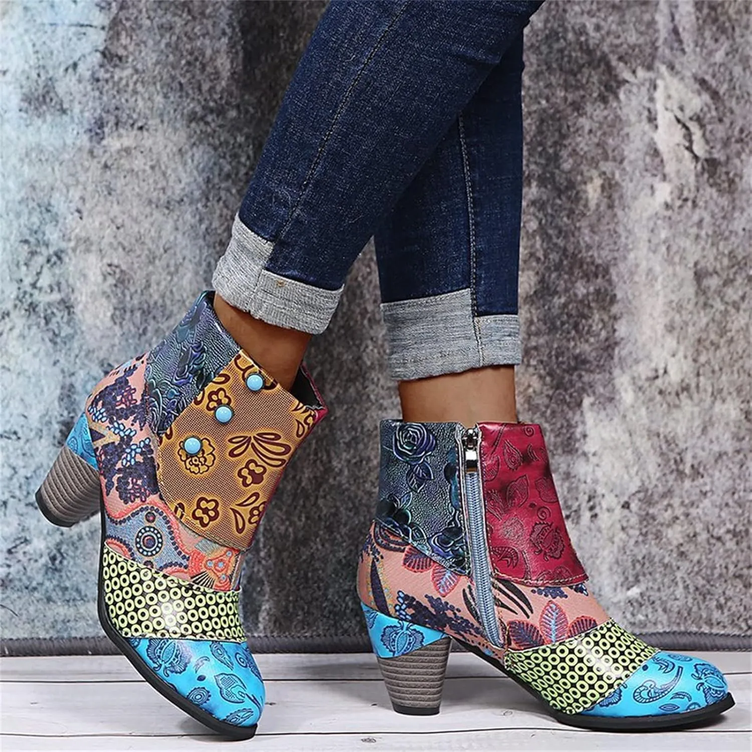 Lausiuoe Ankle Boots For Women Dressy Chunky Heel Slip on Bootie Fashion Wide Width Side Zipper Western Short Boots
