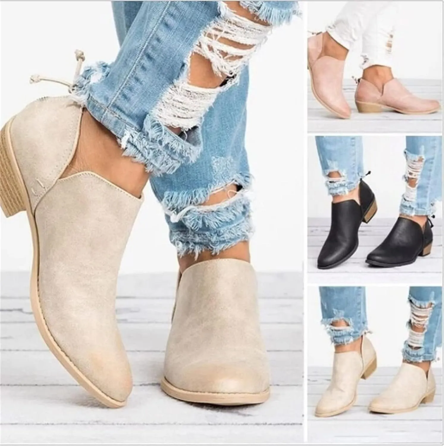 Lausiuoe Boots For Women Ankle Booties Sexy Low Heels Fashion Chunky Stacked Mid Heel Side Zipper Short Western Booties