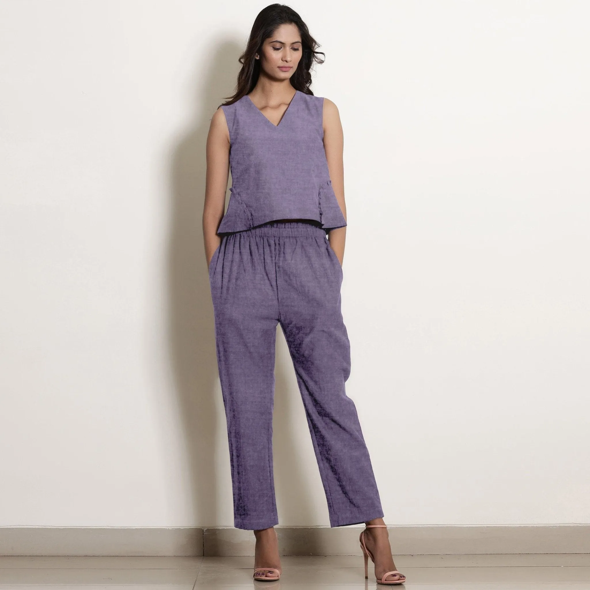 Lavender 100% Linen V-Neck Flared Godet Top
