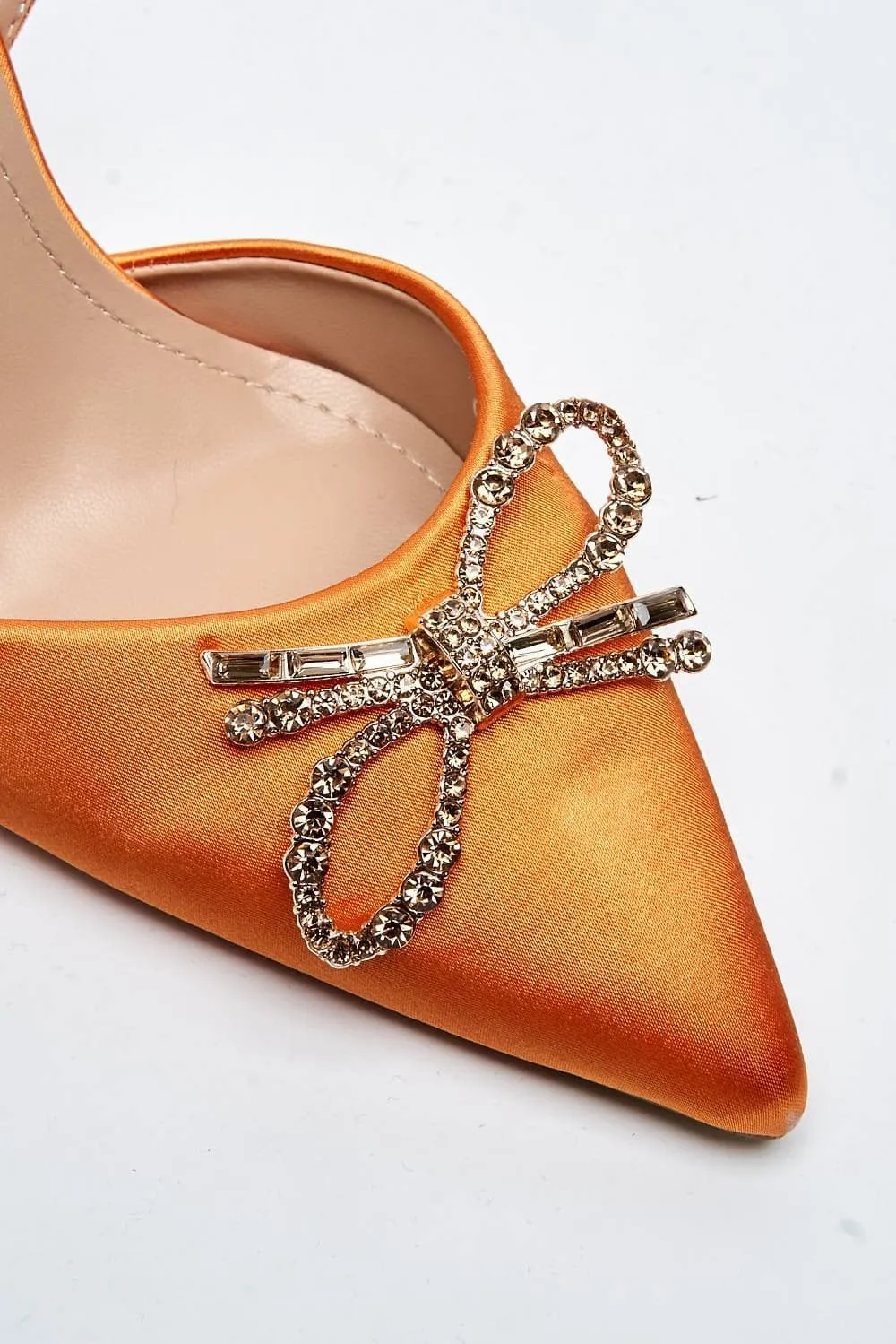 Leiria Diamante Bow Brooch Pointed Toe Spool Heel Court Shoe in Orange