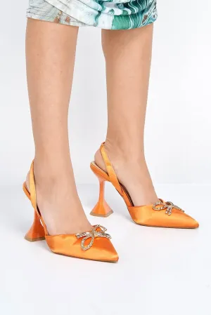 Leiria Diamante Bow Brooch Pointed Toe Spool Heel Court Shoe in Orange