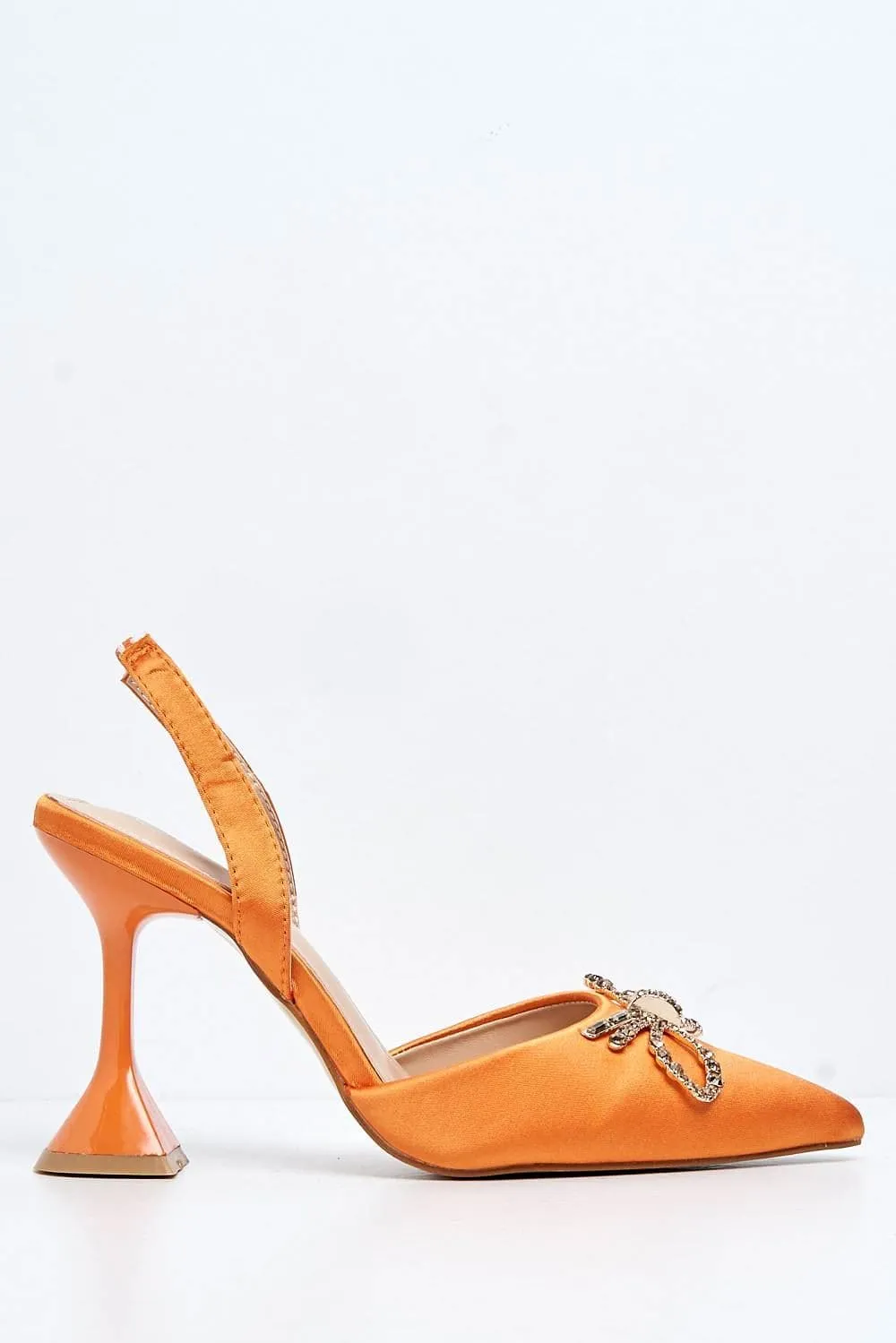 Leiria Diamante Bow Brooch Pointed Toe Spool Heel Court Shoe in Orange