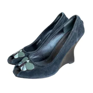 LOUIS VUITTON Black Suede Butterfly Peep Toe Wedge Pumps, Size 39.5