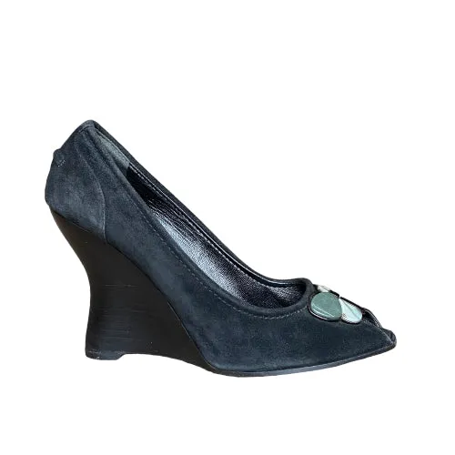 LOUIS VUITTON Black Suede Butterfly Peep Toe Wedge Pumps, Size 39.5