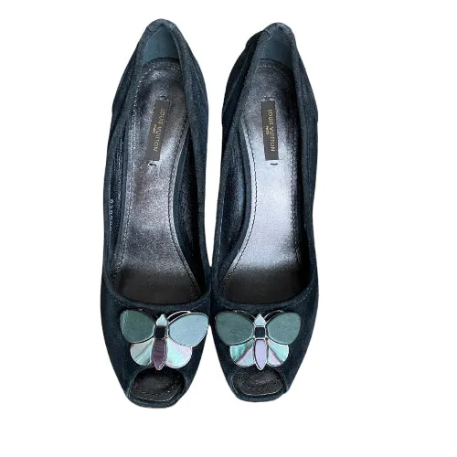 LOUIS VUITTON Black Suede Butterfly Peep Toe Wedge Pumps, Size 39.5