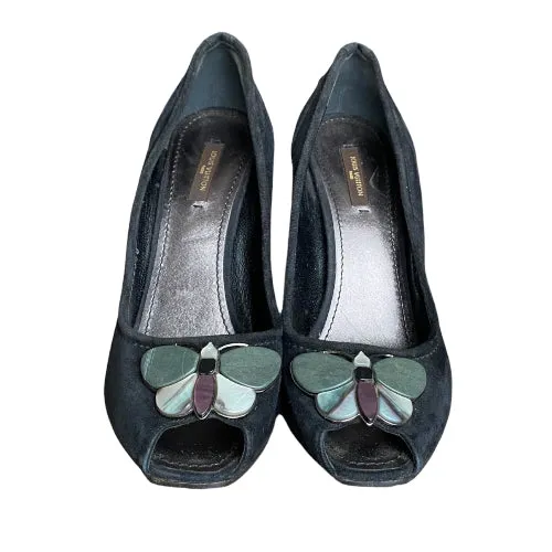 LOUIS VUITTON Black Suede Butterfly Peep Toe Wedge Pumps, Size 39.5