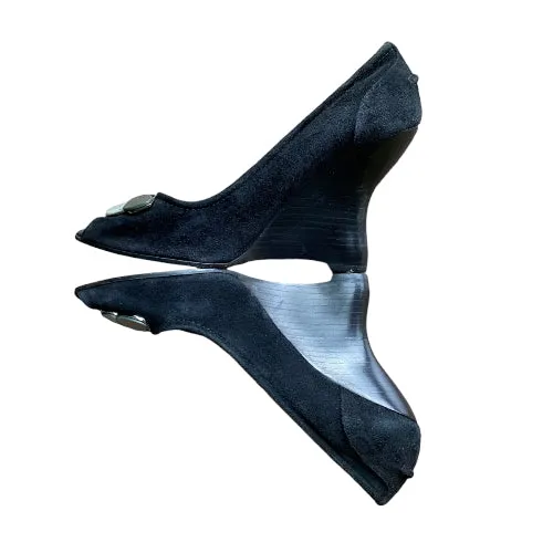 LOUIS VUITTON Black Suede Butterfly Peep Toe Wedge Pumps, Size 39.5
