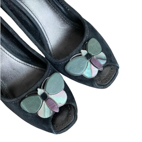 LOUIS VUITTON Black Suede Butterfly Peep Toe Wedge Pumps, Size 39.5