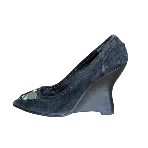 LOUIS VUITTON Black Suede Butterfly Peep Toe Wedge Pumps, Size 39.5