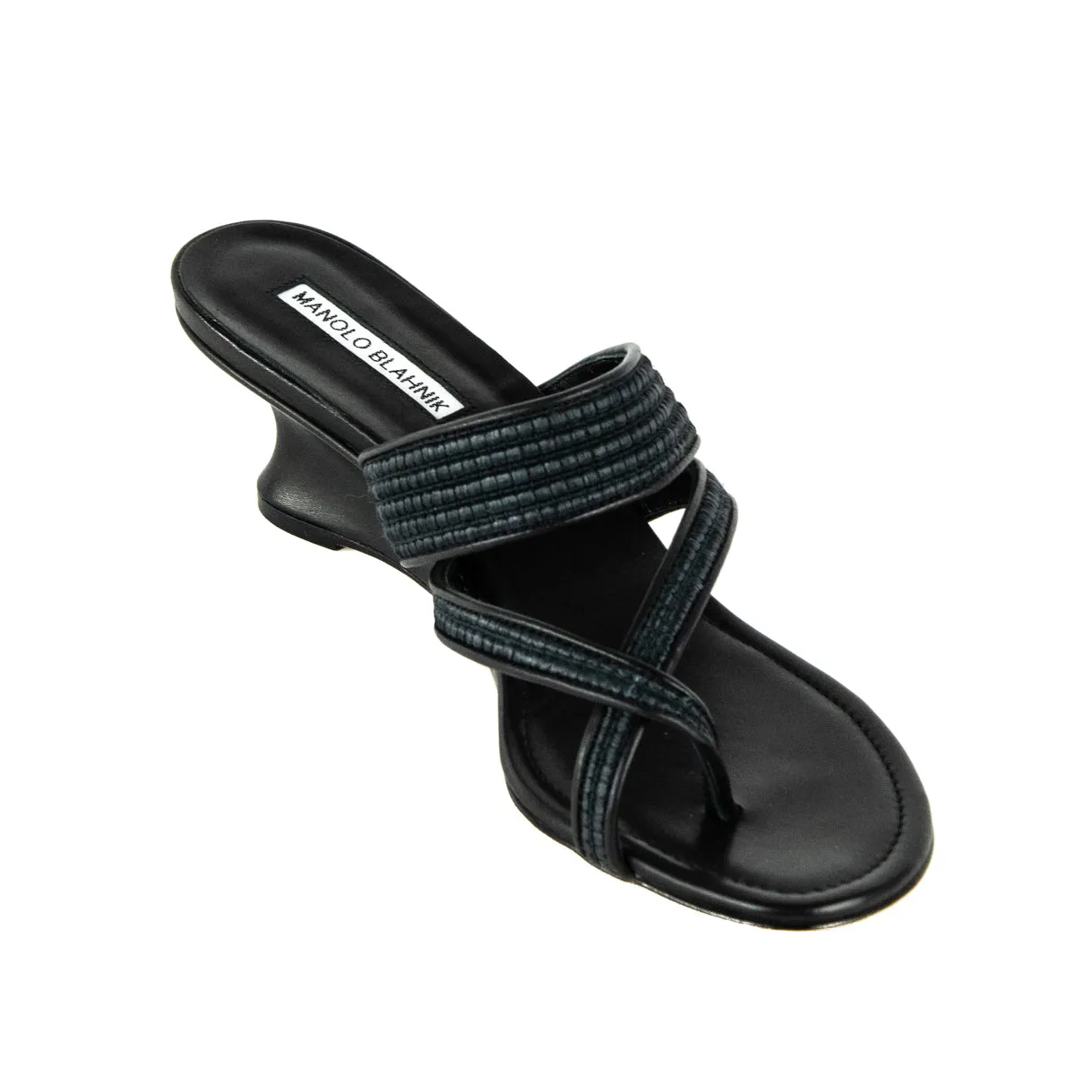 Manolo Blahnik Black Raffia Susa Thong Wedge Sandals US 10 | EU 40