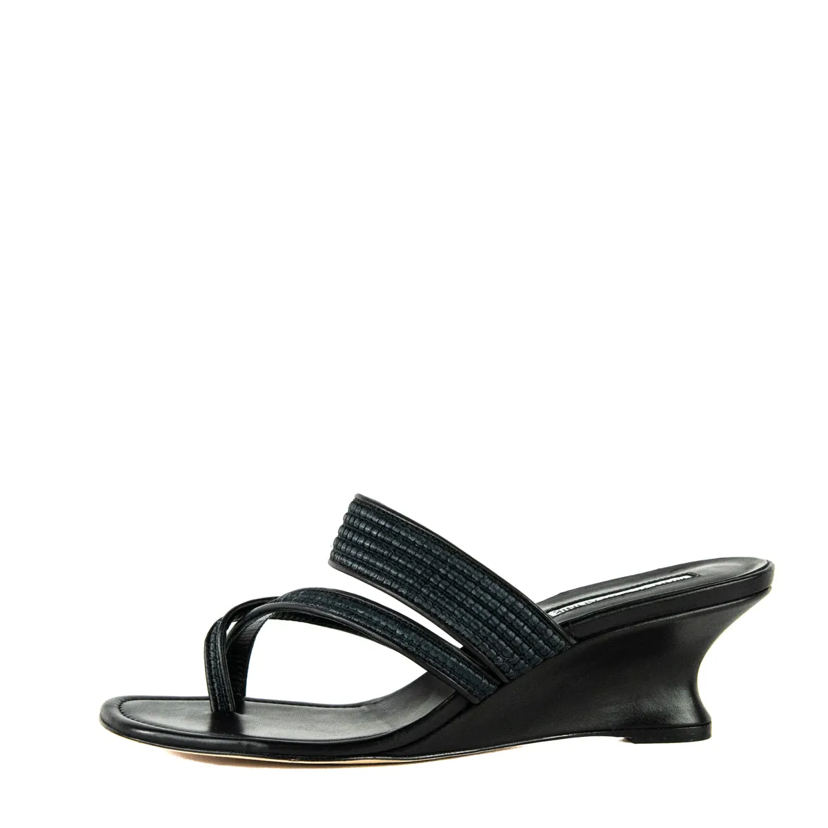 Manolo Blahnik Black Raffia Susa Thong Wedge Sandals US 10 | EU 40
