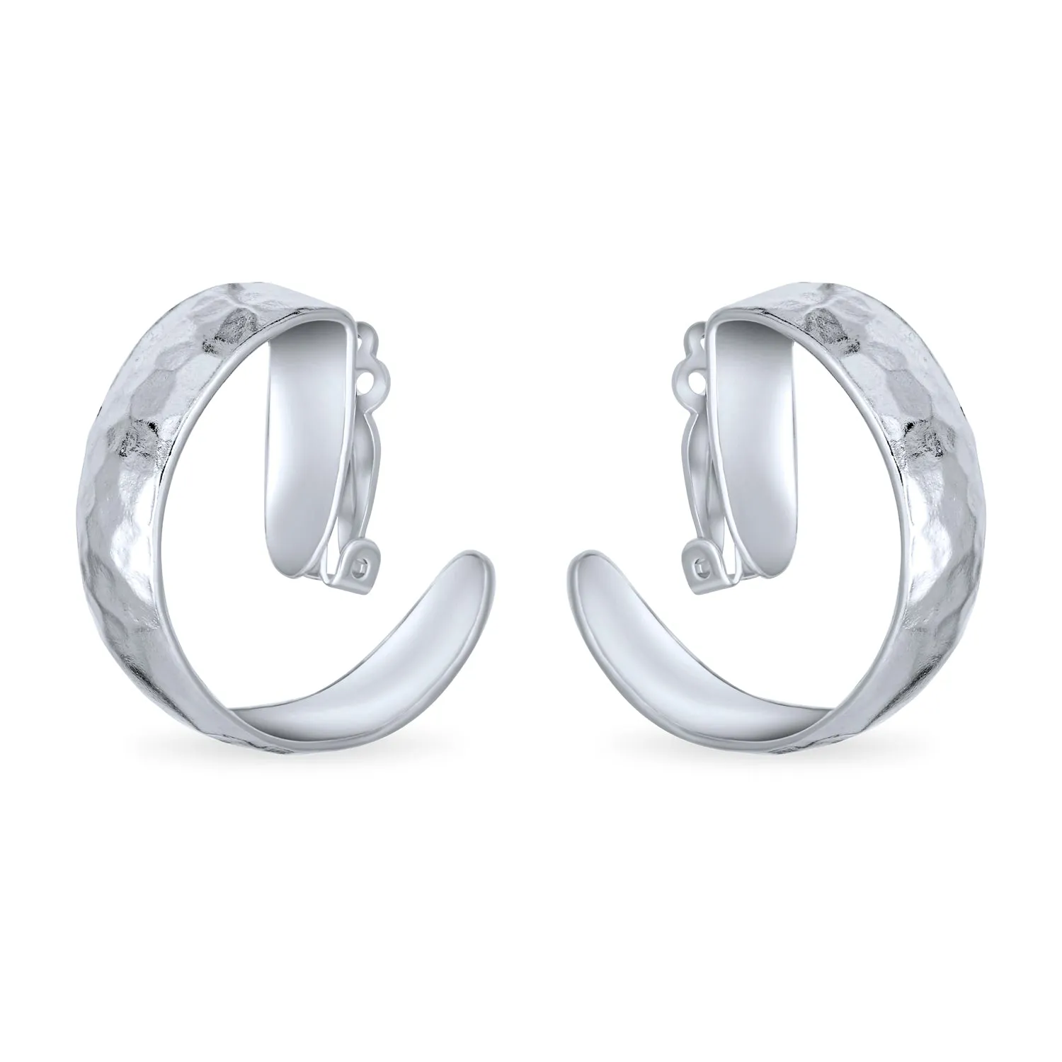 Matte Textured Wide Clip-On Hammered Hoop Earrings  Silver Non-Pierced Ears