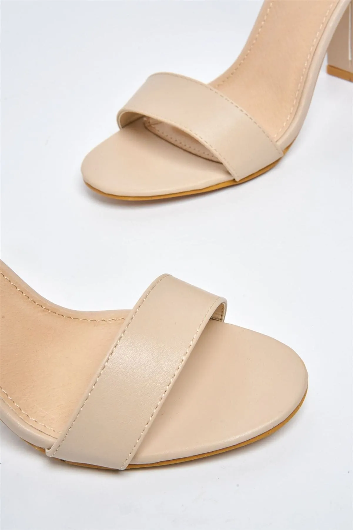 May Barely There Block Heel Ankle Strap Sandal in Nude PU