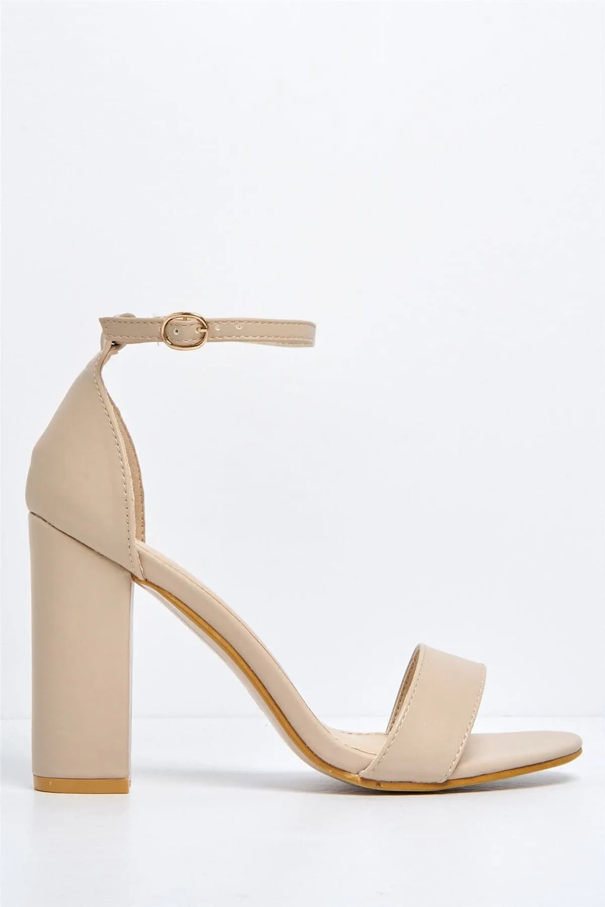 May Barely There Block Heel Ankle Strap Sandal in Nude PU