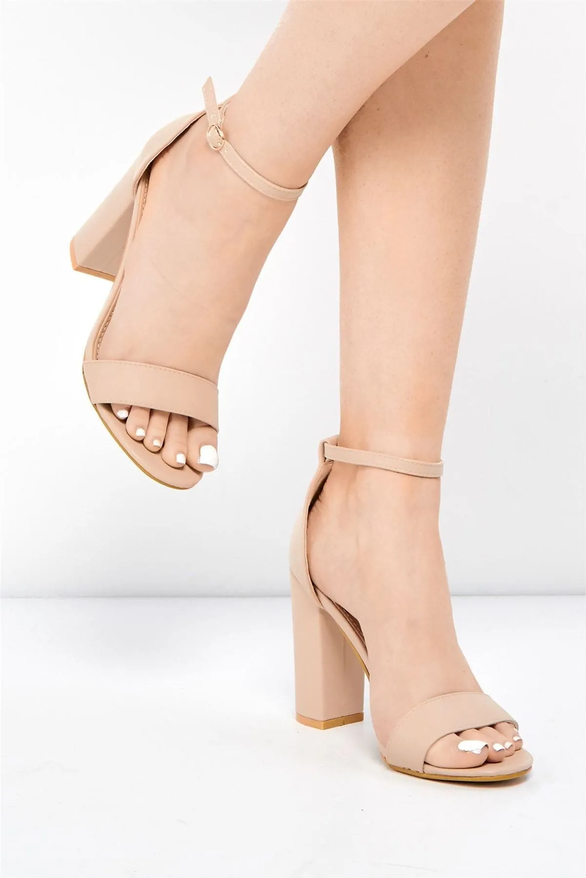 May Barely There Block Heel Ankle Strap Sandal in Nude PU