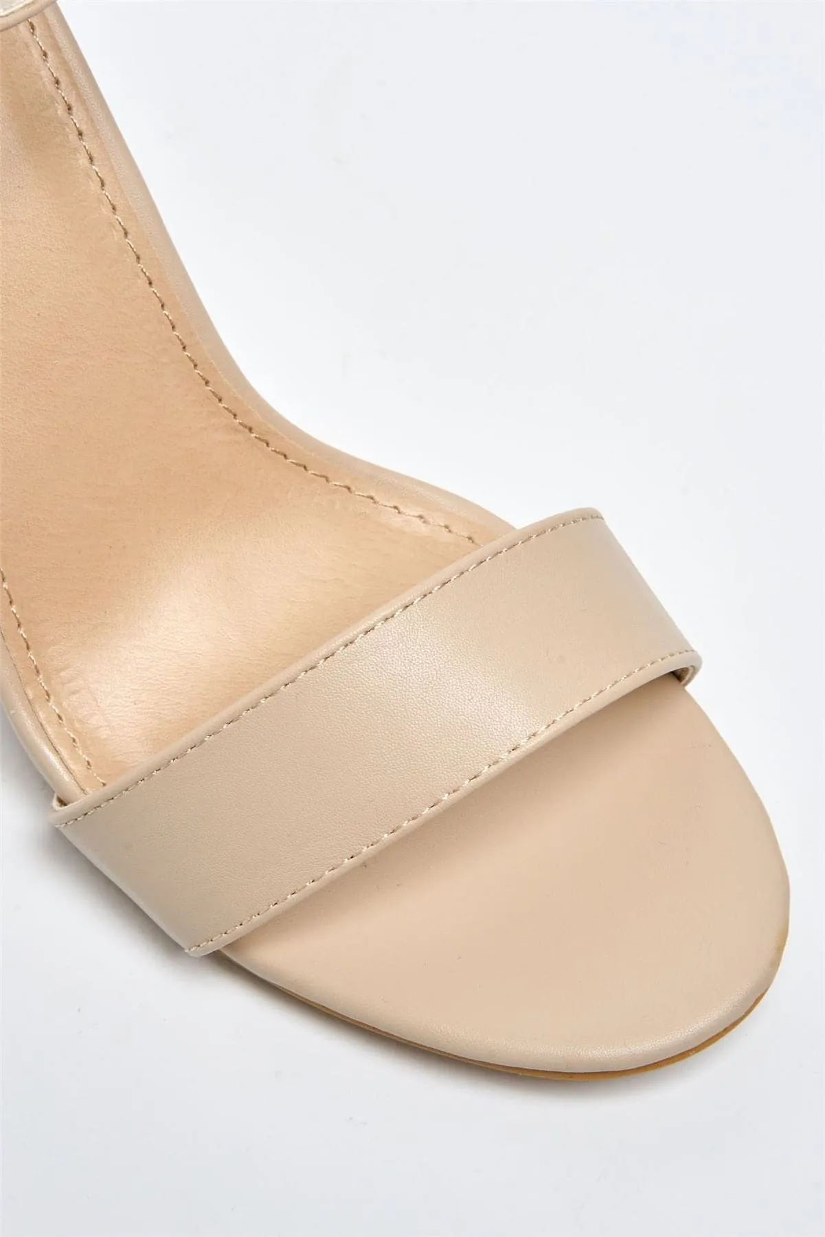May Barely There Block Heel Ankle Strap Sandal in Nude PU