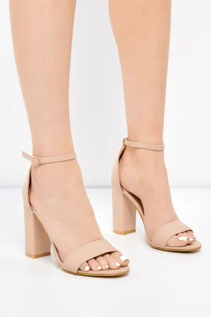 May Barely There Block Heel Ankle Strap Sandal in Nude PU