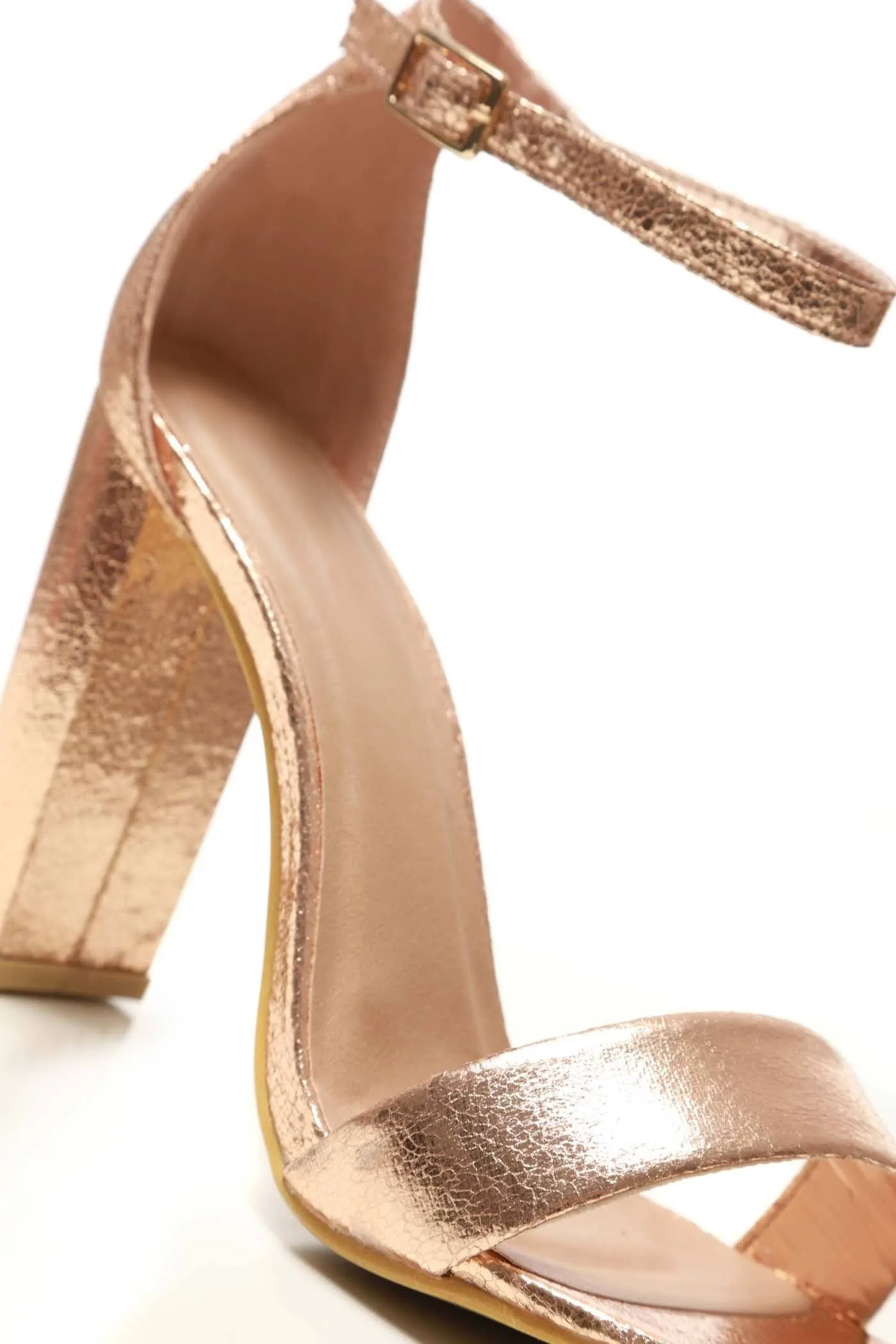 May Barely There Block Heel Ankle Strap Sandal in Rose Gold