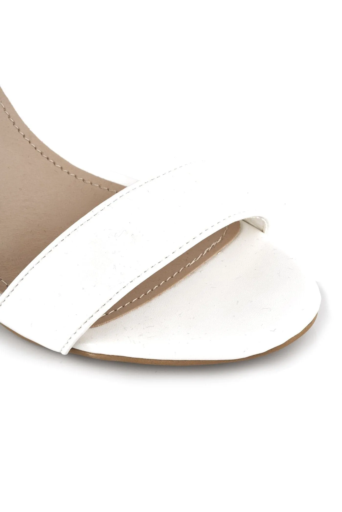 May Barely There Block Heel Ankle Strap Sandal in White Matt
