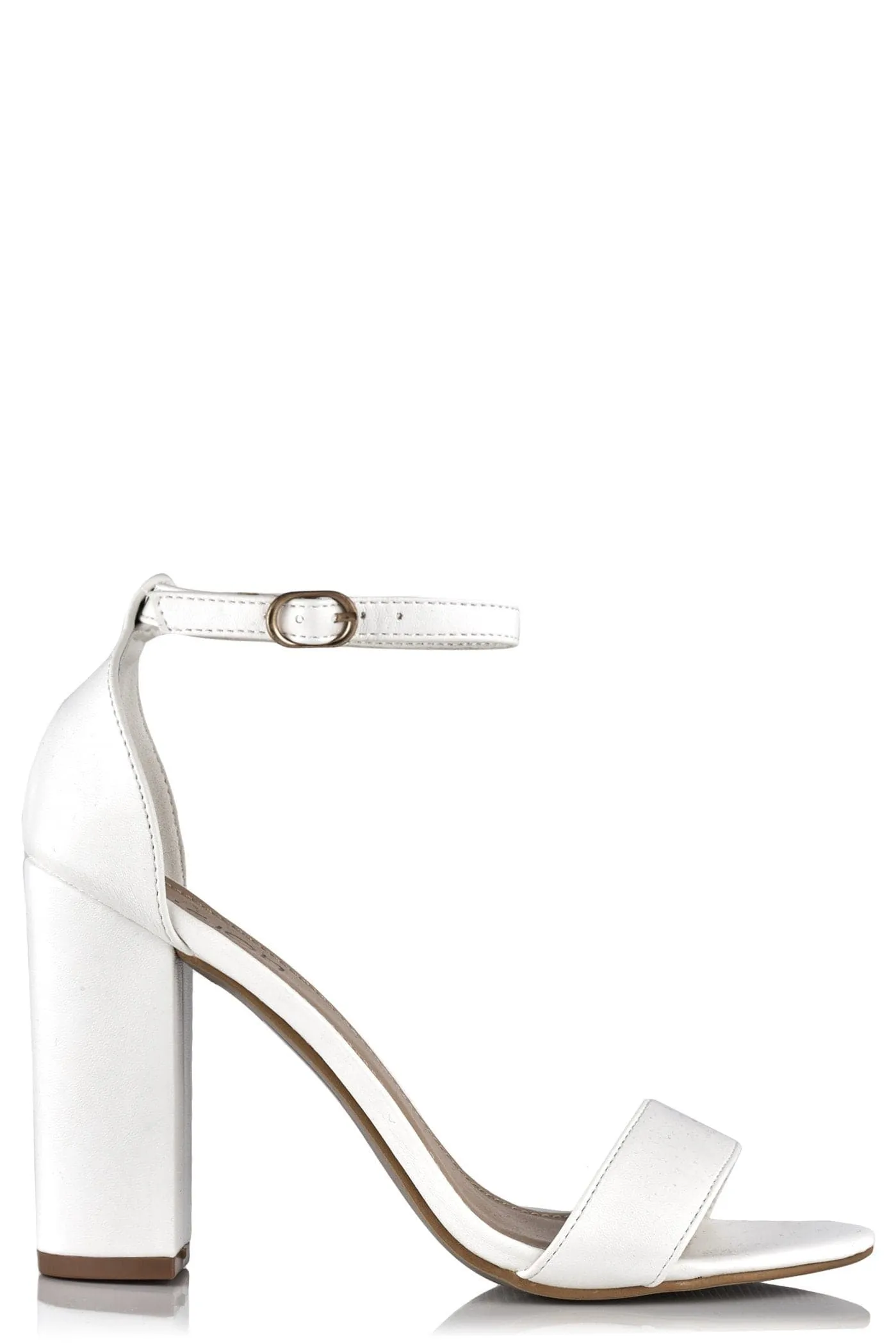 May Barely There Block Heel Ankle Strap Sandal in White Matt