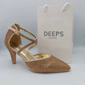 MAYA WOMEN LADIES LOW KNITTEN HEEL STRAPPY COURT SHOES PARTY AND BRIDE WEAR GOLD