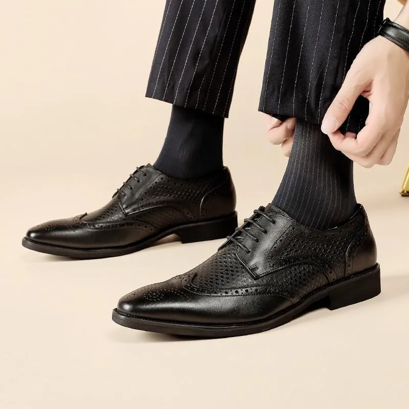 Mens Handcrafted Brogue Derby Shoes Pointed Toe Genuine Leather Top Grain Business Formal British Dress Shoes