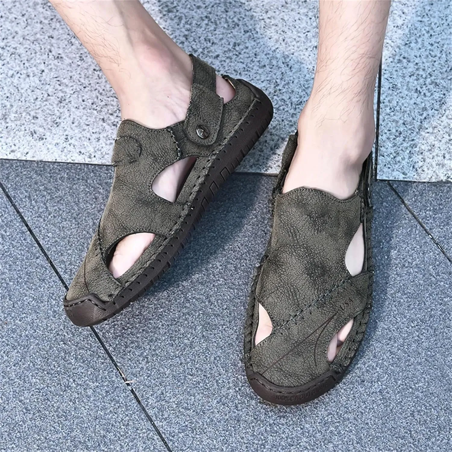 Men's Handcrafted Leather Sandals - Breathable Outdoor Shoes with Anti-Skid Beach Sole
