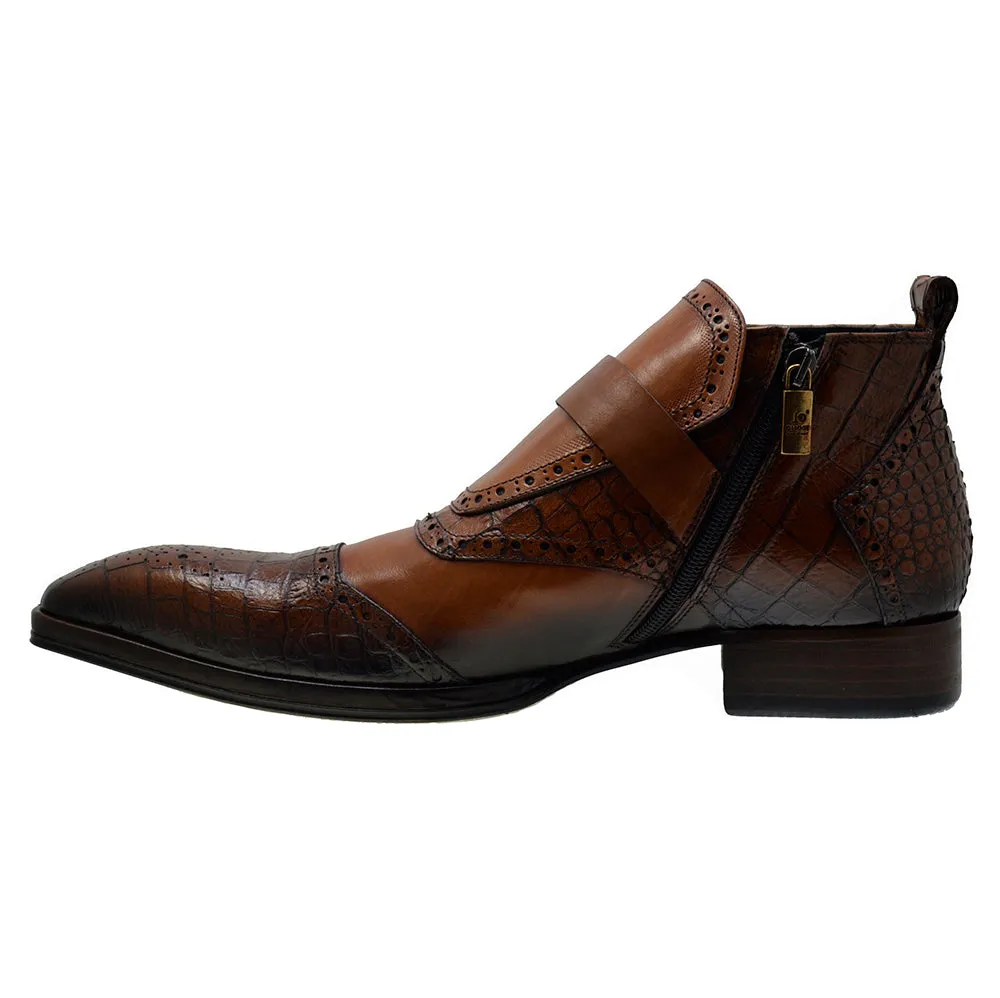 Men's Italian Shoes Jo Ghost 3996 Brown Leather Print Crocodile Dress Boots