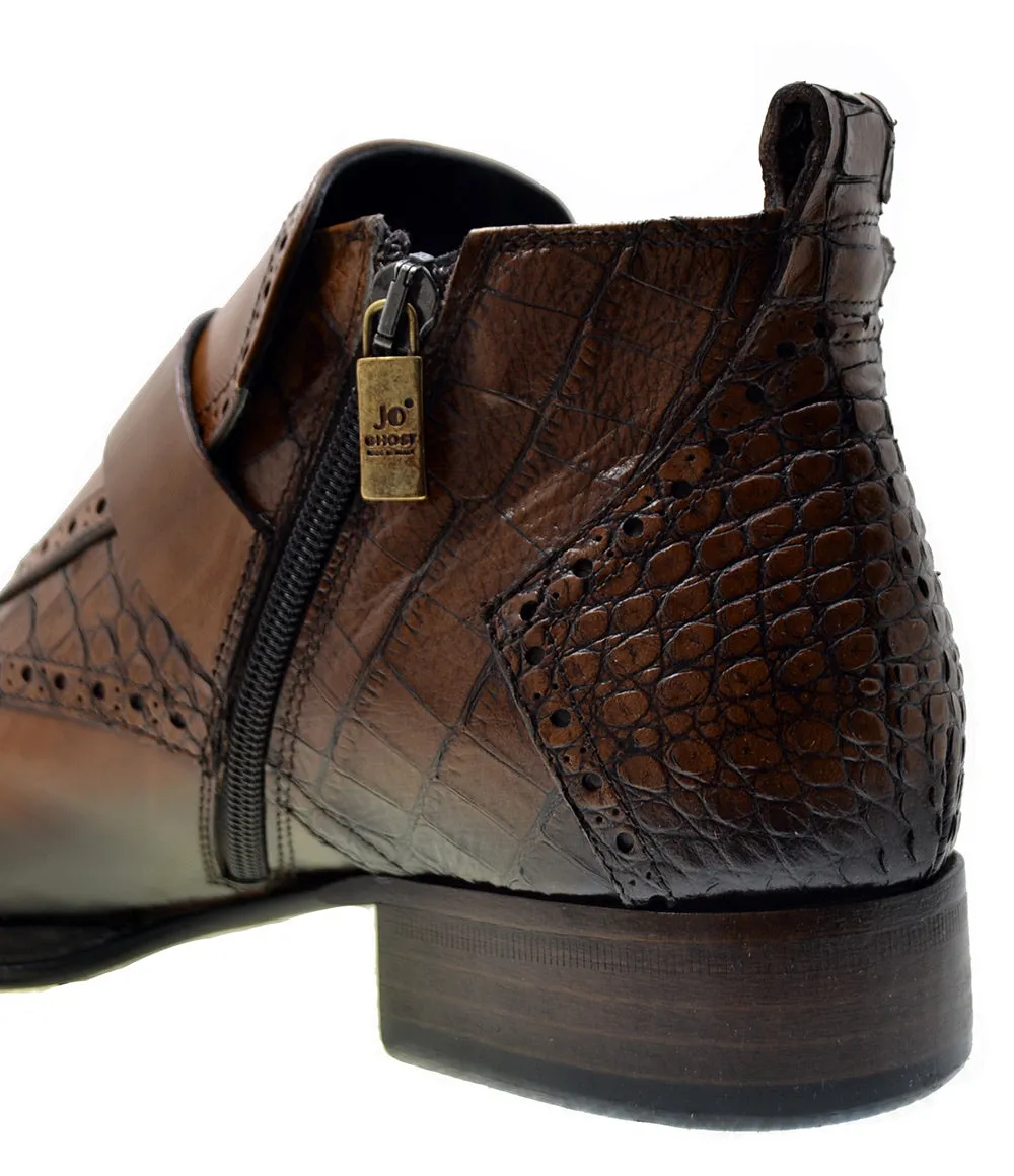 Men's Italian Shoes Jo Ghost 3996 Brown Leather Print Crocodile Dress Boots