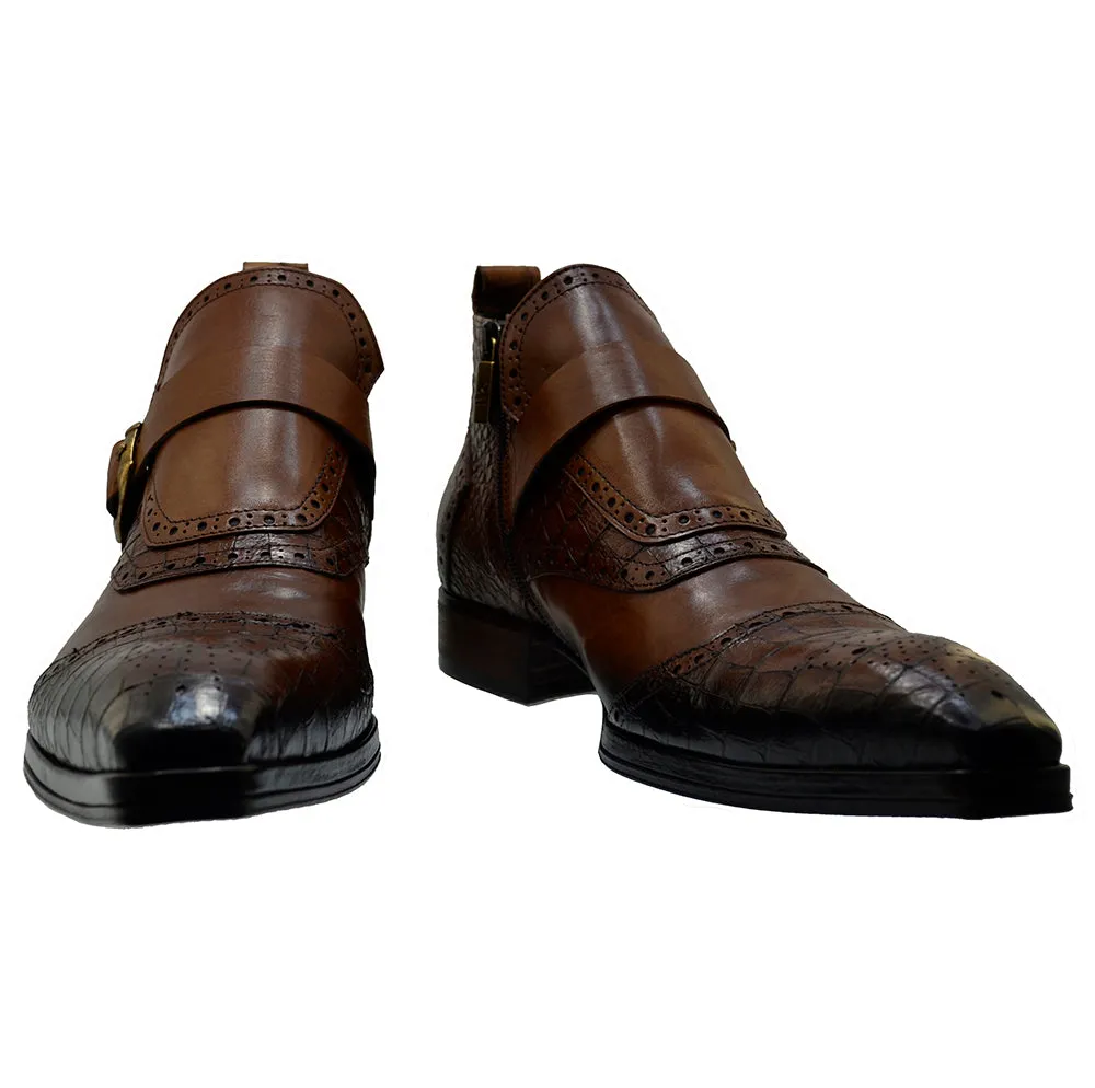Men's Italian Shoes Jo Ghost 3996 Brown Leather Print Crocodile Dress Boots