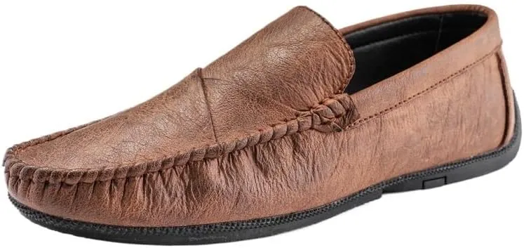 Men's Loafers ?C Genuine Leather Slip-On Shoes with Round Toe, Lightweight, Comfortable, Anti-Slip, and Stylish Stitching Details for Walking and Casual Wear