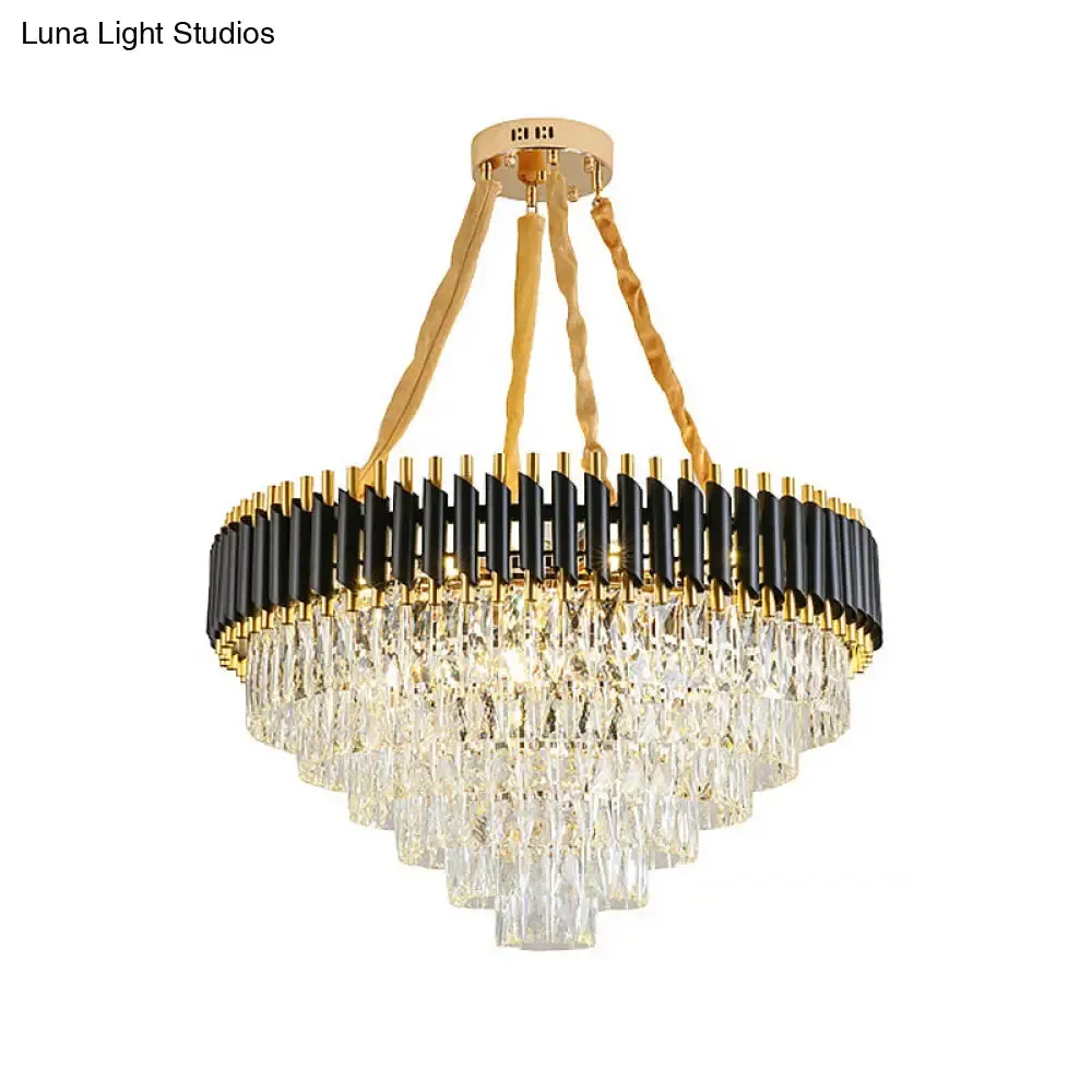 Modern Conical Chandelier with Crystal Accents - 4-Light Black Ceiling Pendant for Living Room