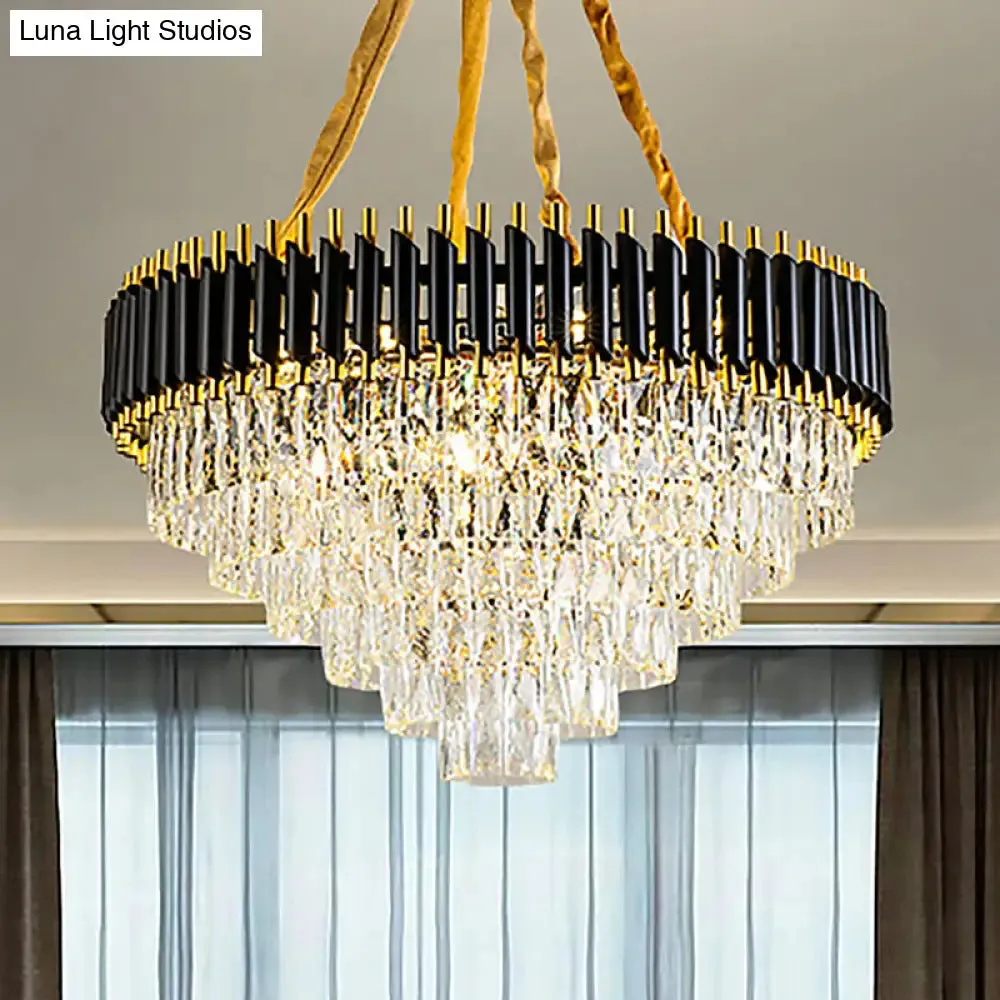 Modern Conical Chandelier with Crystal Accents - 4-Light Black Ceiling Pendant for Living Room