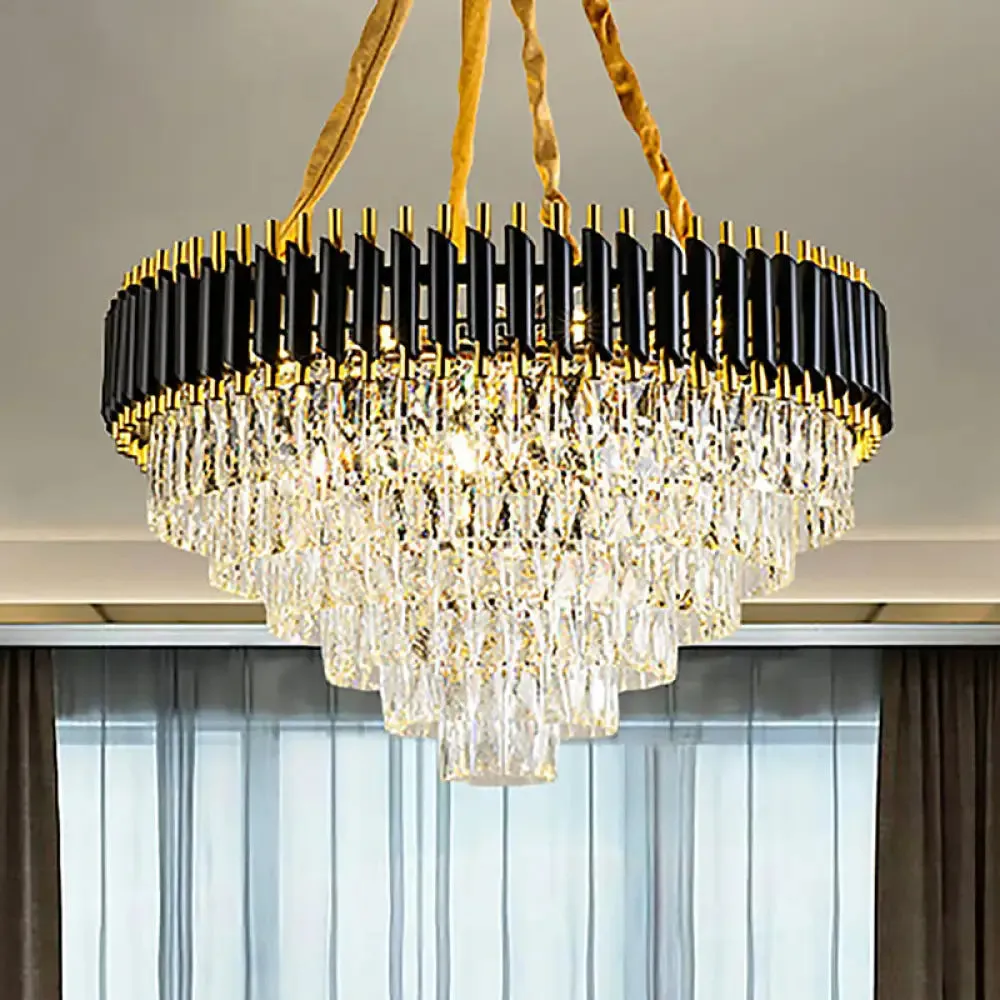 Modern Conical Chandelier with Crystal Accents - 4-Light Black Ceiling Pendant for Living Room