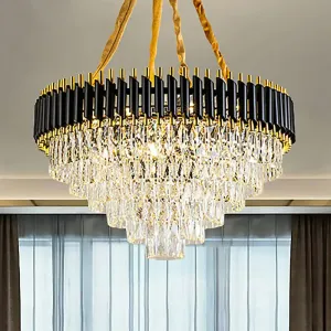 Modern Conical Chandelier with Crystal Accents - 4-Light Black Ceiling Pendant for Living Room